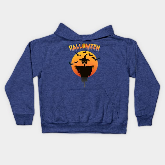 Halloween with Frightening Scarecrow and Flying Halloween Bats Kids Hoodie by CharJens
